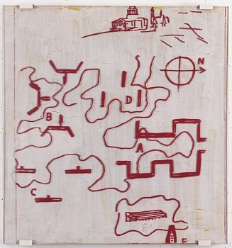 Work:&nbsp;Plan with House on Top, 2011 oil on panel, silkscreen ink on plastic 18 x 19 inches BROD229