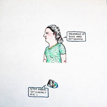 Eric Lebofsky -&nbsp;Paraphrase of Young Anne Hutchinson, 2004 ink, colored pencil on paper 10 x 10  inches LEB054