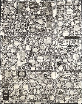 Work: Grossman's Ecstasy, 2009 ink on vintage catalog pages framed 33 x 25 inches LEIB061