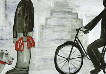 Work:&nbsp;The Dog, The Man, The Bike, All Along the Hudson River, 2010 oil on canvas 96 x 120 inches lyn492