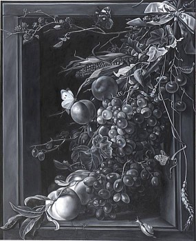 Work:&nbsp;Ribboned Fruit (after Mignon), 2010 oil on canvas 50 x 41 inches REE088