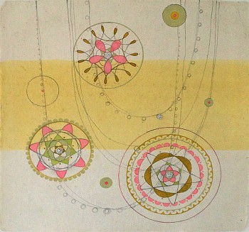 Julie Evans -&nbsp;Pink Spiro Bindi #4, 2005 graphite, gouache and bindis on paper 9 1/4 x 9 1/4 inch paper/ 12 1/2 x 12 1/2 inch frame EVA072