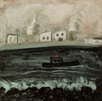 Kathryn Lynch (LA) -&nbsp;green water hitting rocks with boat and industry, 2017 oil on panel 12 x 12 inches / 13 x 13 inches framed lyn679