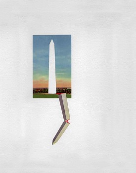 Sara Jones -&nbsp;Washington Monument, 2017 vintage postcard and thread on arches watercolor paper 14 x 10 inches JON001