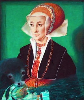 Andrea Hornick (LA) -&nbsp;Seal Flirts with Innocent Apple while Lady Mourns her Rigidity..., 2014 oil on linen 20 x 19 inches HORN003