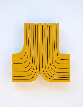 Work: Andrew Zimmerman Golden Yellow, 2018 Automotive paint on wood 18 x 17 x 2 1/2 inches ZIM513