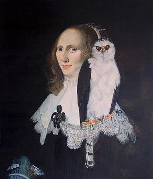Work:&nbsp;Hawk Perched on Double Strand Eyeballs Your Intentions, 2019 oil on panel 28 x 24 inches HORN007