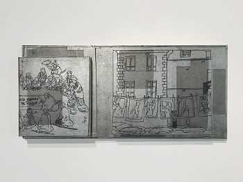 Eugene Brodsky (LA) -&nbsp;Paris Window, 2018 mixed media on wood 16 1/2 x 36 inches BROD388