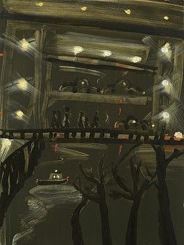 Work: Kathryn Lynch Bridge Walkers, 2018 oil on wood 16 x 12 1/2 inches / 17 x 13 1/2 inch frame lyn813