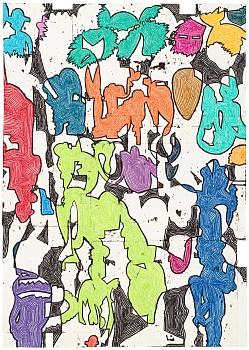 Work: Bo Joseph Sublimating Cryptic Signs, 2020 oil pastel, acrylic and tempera on joined paper 59 5/8 x 42 3/8 inch paper / 65 x 47 inch frame JOS321