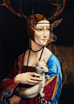 Work: Andrea Hornick Stag Backs Cecilia Gallerani While Pretending Duke's Ermine is Her Own Idea, 2020 oil on panel 21 x 15 inches HORN010