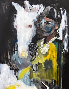 Work: Jockey in Pearls, 2021 acrylic on paper mounted on panel 50 x 38 inches SPENC331