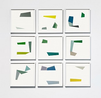 Work: Agnes Barley Deconstructed Waves Installation, 2022 acrylic  on paper 15 x 16 inches / 17.5 x 18.5 inches framed each / 57 x 60 inches group