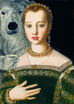 Work:&nbsp;Aurora Imbued Mother Bear Offers Maria de Medici Pastel Ice Cream To Ease Her Young Death, 2021 oil on panel 20.5 x 15 inches HORN012