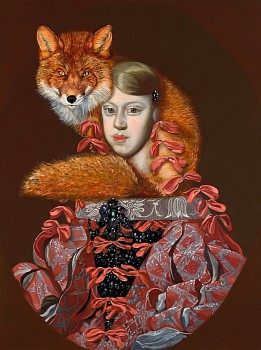 Work:&nbsp;Red Fox Shields and Warms Margarita Theresa Where her Dress is Off Duty, 2021 oil on linen 31.5 x 22 inches HORN013