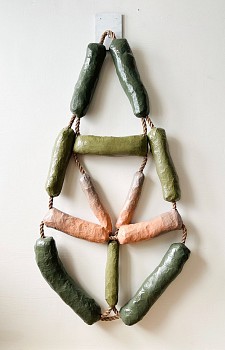 Work: Jen Wink Hays Secret Chief, 2023 paper mache, acrylic, lacquer, and natural rope 80 x 46 x 6 inches JWH154