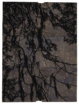 Work:&nbsp;Midnight's Rivers, 2023 gouache, flashe, and thread on found paper 48 x 35 1/2 inches / 52 1/2 x 40 1/2 inches framed CRADD105