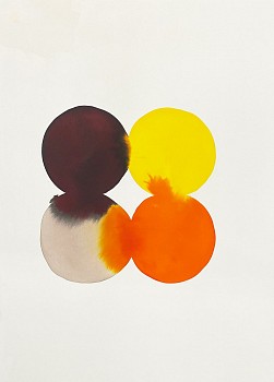 Work: 4 touching circles (opaque yellow, orange brown, and tan), 2023 ink, watercolor and pencil on paper 29 x 21 inches / 32 1/2 x 24 1/4 inches framed SANCH1015