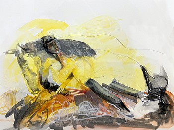 Suzy Spence -&nbsp;Resting Racer (Canary), 2023 watercolor and pencil on paper 16 x 20 inches SPENC346