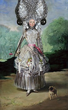 Andrea Hornick -&nbsp;Stroll in Garden with Small Dog and Large Ear Muffs That Double as an Estate Melodizer, 2009 oil on canvas 18 x 11 inches HORN033