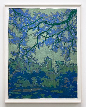 Work: Maysey Craddock fields of riverine, 2025 gouache, flashe, and thread on found paper 47 1/2 x 36 inches / 52 1/2 x 40 1/2 inches framed CRADD116
