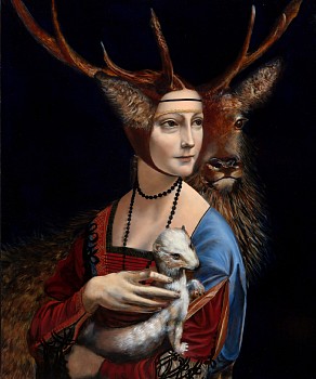 Work: Andrea Hornick Fluffy Stag Lends Ear to Cecilia Gallerani, Pulling Back from Duke’s Ermine, Foil to Cecilia and Duke’s Future Fetus, Intercepting Inner Knowing, 2025 oil on panel 19.6 x 23.6 inches HORN034