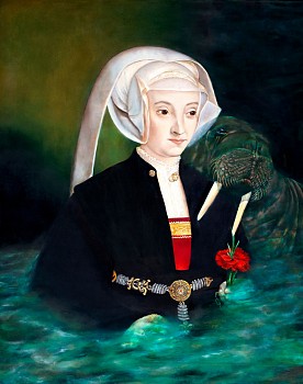 Work: Andrea Hornick Lady Receives Guidance while Riding Liberation Generated Emotional Waves; Walrus’ Hug Ensures Endless Flow of Divine Love as Evidenced by Red Carnation; she Calculates her Stores of Affection, 2016 oil on panel 18 x 20 inches HORN035