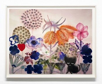 Lourdes Sanchez -&nbsp;Egyptian lotus and little black guardian, 2025 ink, watercolor and pencil on paper 43 x 55 inches SANCH1069