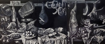 Shelley Reed -&nbsp;Meat (after Snyders, Beuckelaer, Aertsen, van Schooten, Desportes, Claesz, van Aelst, de Heem, Melendez, F. van Dyck, Empoli, and Peeters), 2022 oil on canvas 75 x 176 inches ree336