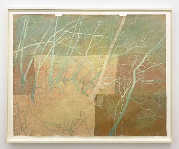 Maysey Craddock -&nbsp;The River Holds Its Ghosts, 2025 gouache, flashe, and thread on found paper 48 x 61 1/2 inches / 53 x 67 1/4 inches framed CRADD118