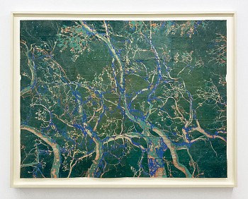 Work:&nbsp;The Silence of a Coral Sea, 2025 gouache, flashe, and thread on found paper 47 3/4 x 62 inches / 52 3/4 x 68 inches framed CRADD128